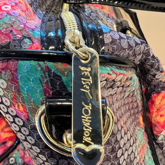 Like New Betsey Johnson Black Floral Sequin Satchel/Crossbody Bag - Picture 9 of 14